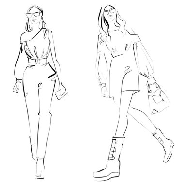 Beyaz arka planda moda illüstrasyonu. Yürüyen kadın.