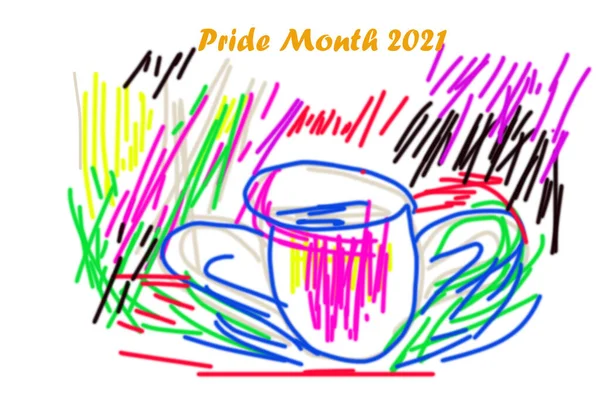 Drawing a coffee cup with colorful lines surrounding, the concept for lgbt live among us and celebration of lgbt communities around the world.