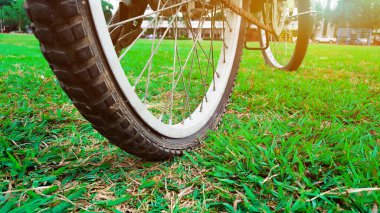 Lastik patlak bisiklet yeşil alanda.