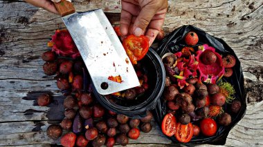 Meyve ve sebzeler organik gübreyi gübrelemek için hazırlanıyor.