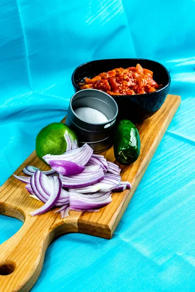 Ingredients Salsa Wooden Cutting Board Calgary Alberta Canada — Stock Photo, Image