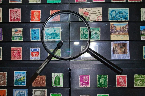 Philately Magnifying Glass Tweezers Ready See World Stamp Collection — Stock Photo, Image