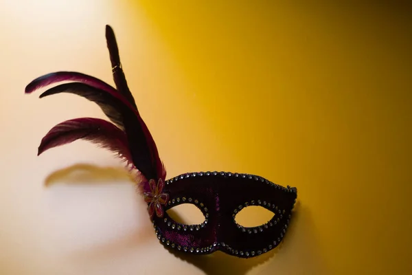 purple carnival mask with feathers on a yellow background