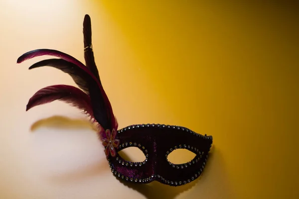 purple carnival mask with feathers on a yellow background