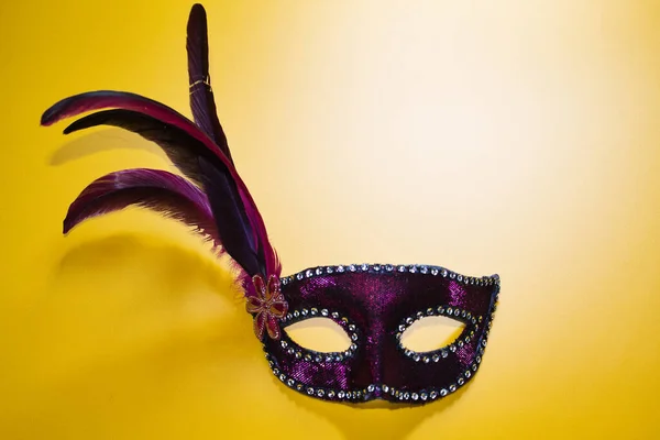 purple carnival mask with feathers on a yellow background