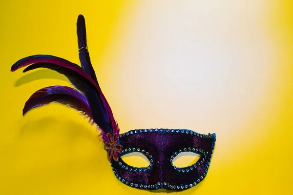 Purple Carnival Mask Feathers Yellow Background — Stock Photo, Image