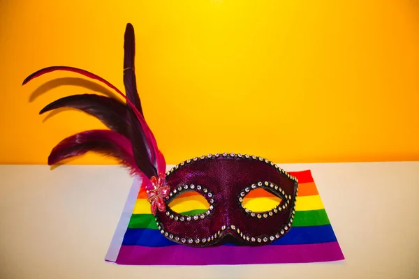 Purple Carnival Mask Yellow Background Gay Pride Flag — Stock Photo, Image