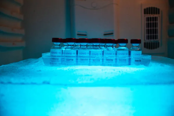 将19种疫苗储存在一个低于零的冰块中保存和运输 — 图库照片