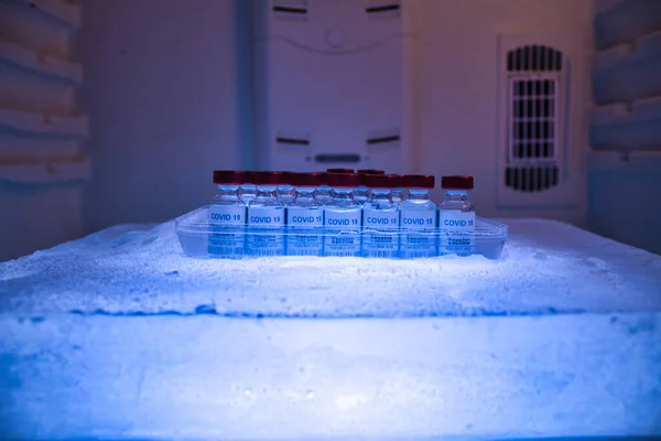 保存と輸送のための氷結した19個のワクチンのプール — ストック写真
