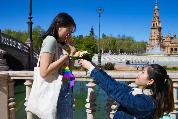 Mulher Asiática Ajoelhada Dando Buquê Rosas Para Sua Irmãzinha Fundo — Fotografia de Stock