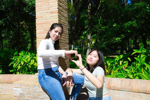 两个快乐的亚洲女孩手拉手的形状是心脏 心脏健康保险 快乐慈善志愿者的概念 世界心脏日 国际手语日 — 图库照片