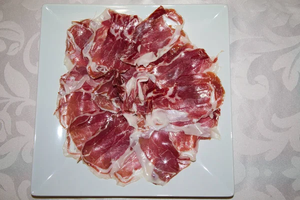 Dienblad Met Presentatie Van Iberische Ham Gezond Voedsel Voor Het — Stockfoto