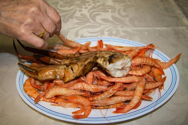 Tray Presentation Prawns Shrimps Seafood Legs Healthy Food Daily Diet — Stock Photo, Image