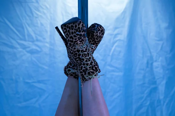 Detail Nohou Tanečnice Tyče Leopardími Podpatky Chodidla Jsou Zamotaná Tyče — Stock fotografie