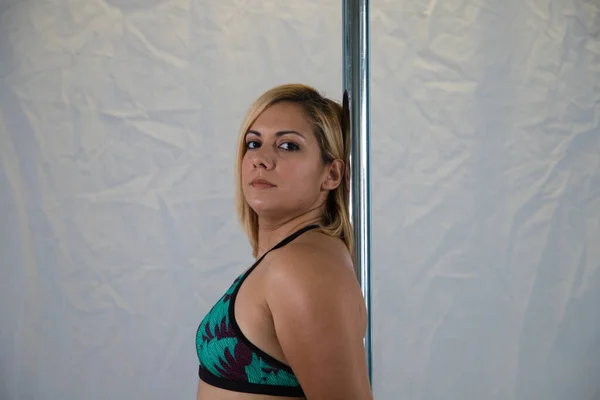 Blonde Pole Dancer Holding Pole Looking Serious Camera Girl Wearing — Stock Photo, Image