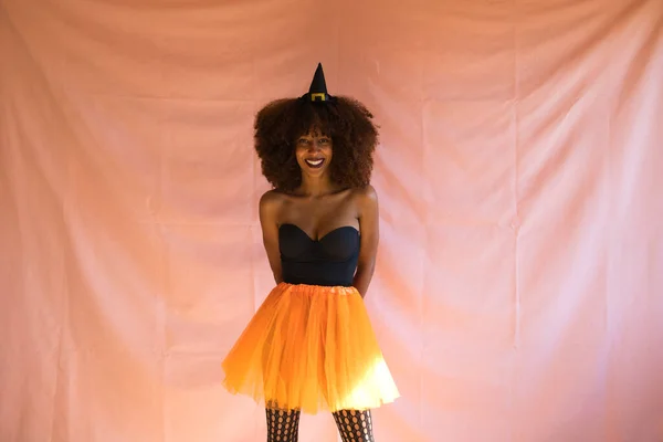 Young African American Woman Dressed Witch Halloween Party She Wears — Stock Photo, Image