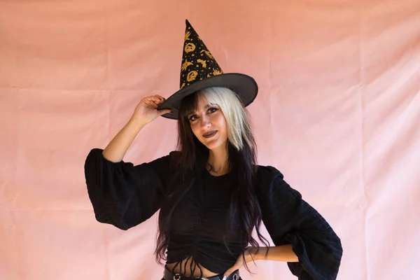 Young Woman Blonde Brown Hair Dressed Witch Halloween Party She — Stock Photo, Image