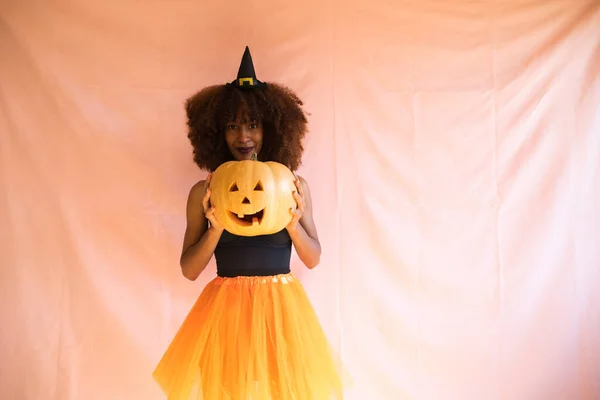 Young African American Woman Dressed Witch Halloween Party Holding Pumpkin — Stock Photo, Image