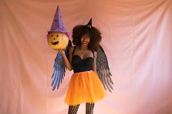 Young African American Woman Witch Costume Halloween Party She Wearing — Stock Photo, Image