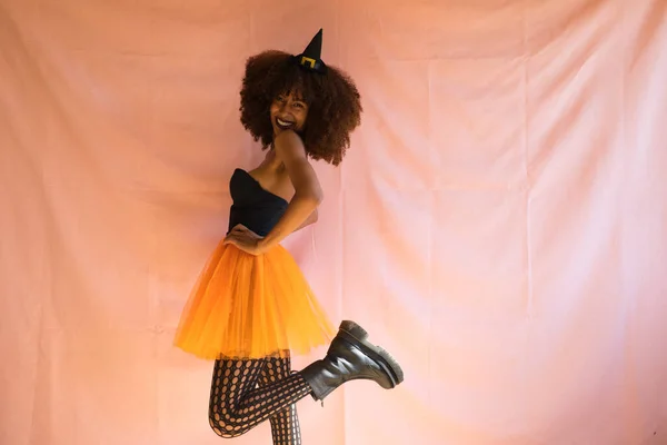 Young African American Woman Dressed Witch Halloween Party She Wears — Stock Photo, Image