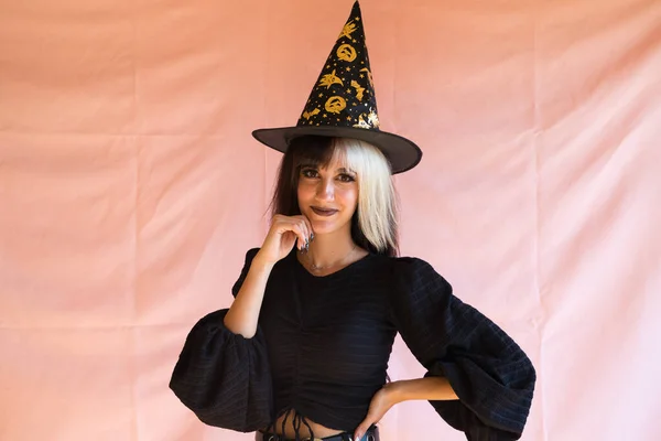 Young Woman Blonde Brown Hair Dressed Witch Halloween Party She — Stock Photo, Image