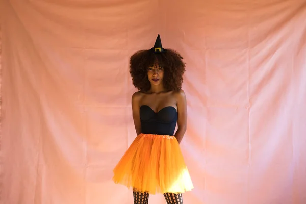 Young African American Woman Dressed Witch Halloween Party She Wears — Stock Photo, Image