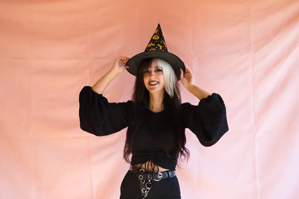 Young Woman Blonde Brown Hair Dressed Witch Halloween Party She — Stock Photo, Image