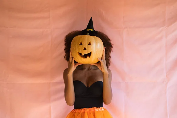 Young African American Woman Witch Costume Halloween Party She Wearing — Stock Photo, Image