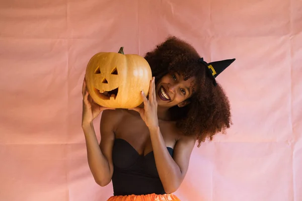 Young African American Woman Dressed Witch Halloween Party Holding Pumpkin — Stock Photo, Image