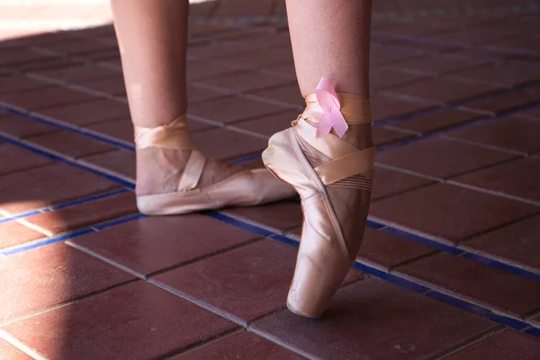 Klassisk Balettdansares Fötter Sina Ställen Bågen Skorna Kan Ett Rosa — Stockfoto
