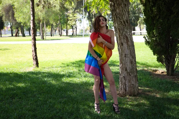 Jovem Latina Transexual Mulher Vestida Lingerie Preta Fina Mulher Está — Fotografia de Stock