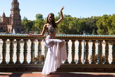 Genç ve güzel dansçı bir fotoğraf çekiminde kameraya poz veriyor. Kadın çok güzel ve geleneksel kıyafetler giyiyor. Güzellik, folklor ve göbek dansı konsepti.