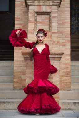 İspanya, Seville 'de bir meydanda flamenko dansı yapan güzel bir kadın. Fırfırlı kırmızı bir elbise giyiyor ve büyük bir sanatla flamenko dansı yapıyor. Flamenko, insanlığın kültürel mirası.
