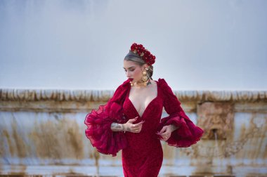 İspanya, Seville 'de bir meydanda flamenko dansı yapan güzel bir kadın. Fırfırlı kırmızı bir elbise giyiyor ve büyük bir sanatla flamenko dansı yapıyor. Flamenko, insanlığın kültürel mirası.