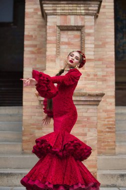 İspanya, Seville 'de bir meydanda flamenko dansı yapan güzel bir kadın. Fırfırlı kırmızı bir elbise giyiyor ve büyük bir sanatla flamenko dansı yapıyor. Flamenko, insanlığın kültürel mirası.