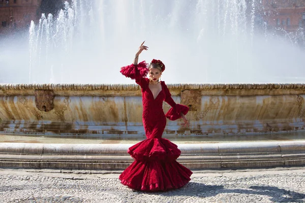 İspanya, Seville 'de bir meydanda flamenko dansı yapan güzel bir kadın. Fırfırlı kırmızı bir elbise giyiyor ve büyük bir sanatla flamenko dansı yapıyor. Flamenko, insanlığın kültürel mirası.