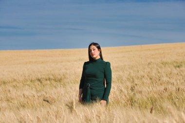 Yeşil giyinmiş, güzel, koyu renk saçlı Latin bir kız yaz günü kuru, sarı bir buğday tarlasının arasında duruyor. Arka planda, mavi gökyüzü