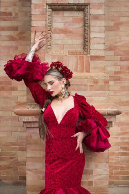 İspanya, Seville 'de bir meydanda flamenko dansı yapan güzel bir kadın. Fırfırlı kırmızı bir elbise giyiyor ve büyük bir sanatla flamenko dansı yapıyor. Flamenko, insanlığın kültürel mirası.