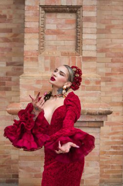 İspanya, Seville 'de bir meydanda flamenko dansı yapan güzel bir kadın. Fırfırlı kırmızı bir elbise giyiyor ve büyük bir sanatla flamenko dansı yapıyor. Flamenko, insanlığın kültürel mirası.