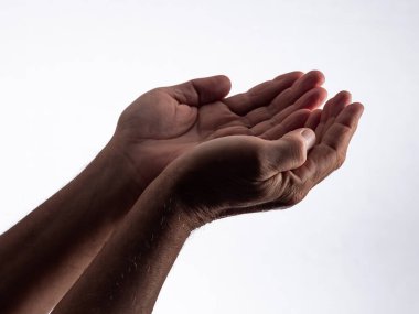 Eller katlı, avuçlar yukarı, beyaz arka planda bir kase oluşturuyorlar..