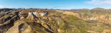 Panoramic view of Icelandic rhyolite mountains with snow patches, valleys, and vivid earthy tones.