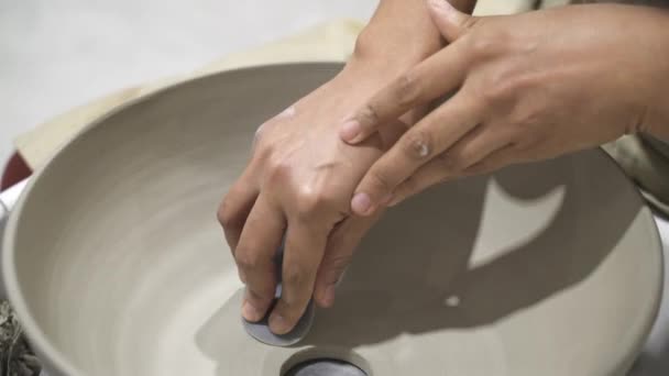 Close Female Artisan Sitting Desk Pottery Workshop Working Clay Bowl — Stock Video