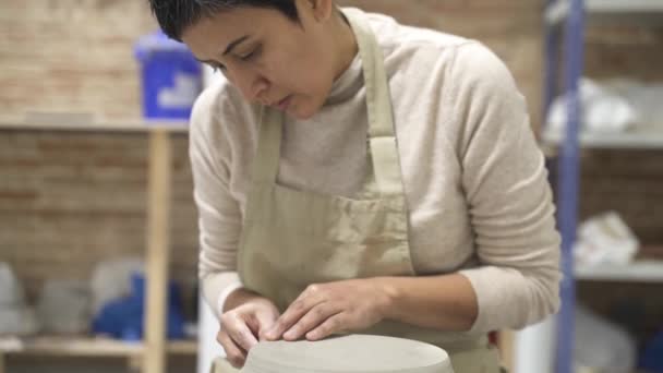 Close Female Artisan Sitting Desk Pottery Workshop Working Clay Bowl — Stock Video