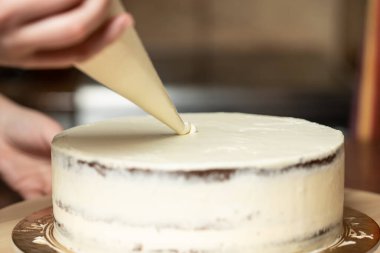 Genç bir kadın mutfağında yeni pişmiş bir pasta süslüyor. Yemek konsepti. Lezzetli.