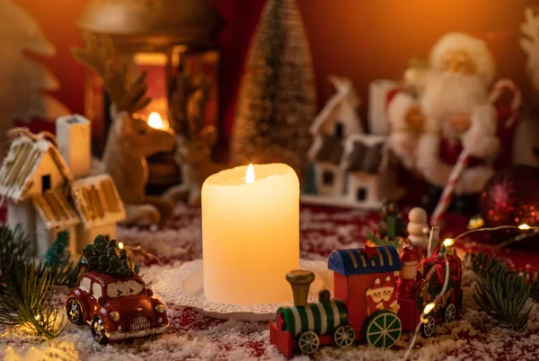 Candela Circondata Decorazioni Natalizie Paese Natale Concetto Natale Foto Stock