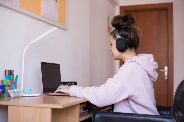 Genç ve güzel bir kız sınav için öğreniyor. Laptop kullanan genç kız.