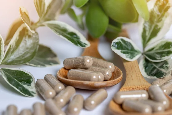 Beyaz arka planda, tahta kaşıkta vitamin kapsülleri..