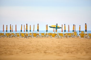 Empty sun lounges and closed parasols on the beach clipart