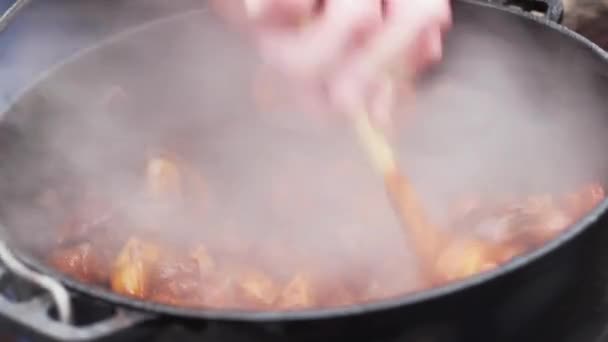 Människor kock i lägret. en Man förbereder en gryta av kött och Vegetables.on väcker försiktigt gryta trä spatel under matlagningen. — Stockvideo