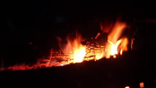 Hermoso fuego quema en el camping turístico por la noche . — Vídeos de Stock